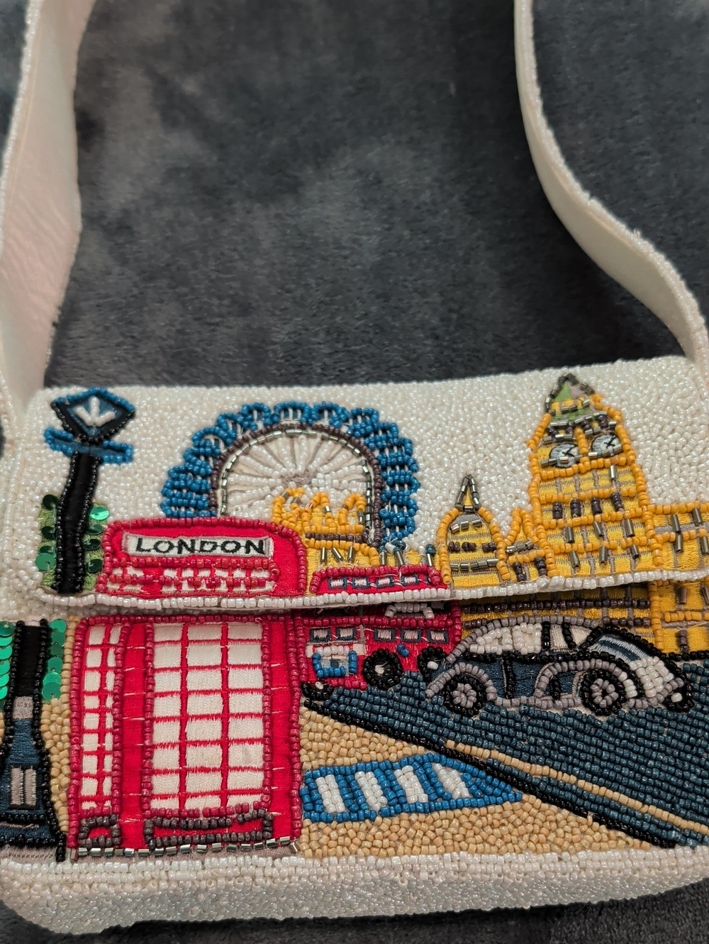 Beaded London Scene Shoulder Bag in White and Multicolor